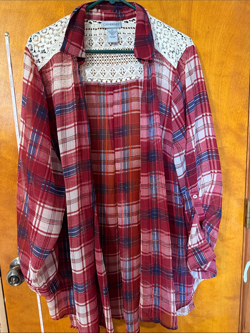 Catherines Red and Navy Plaid Button-Up Cardigan with Lace Yoke